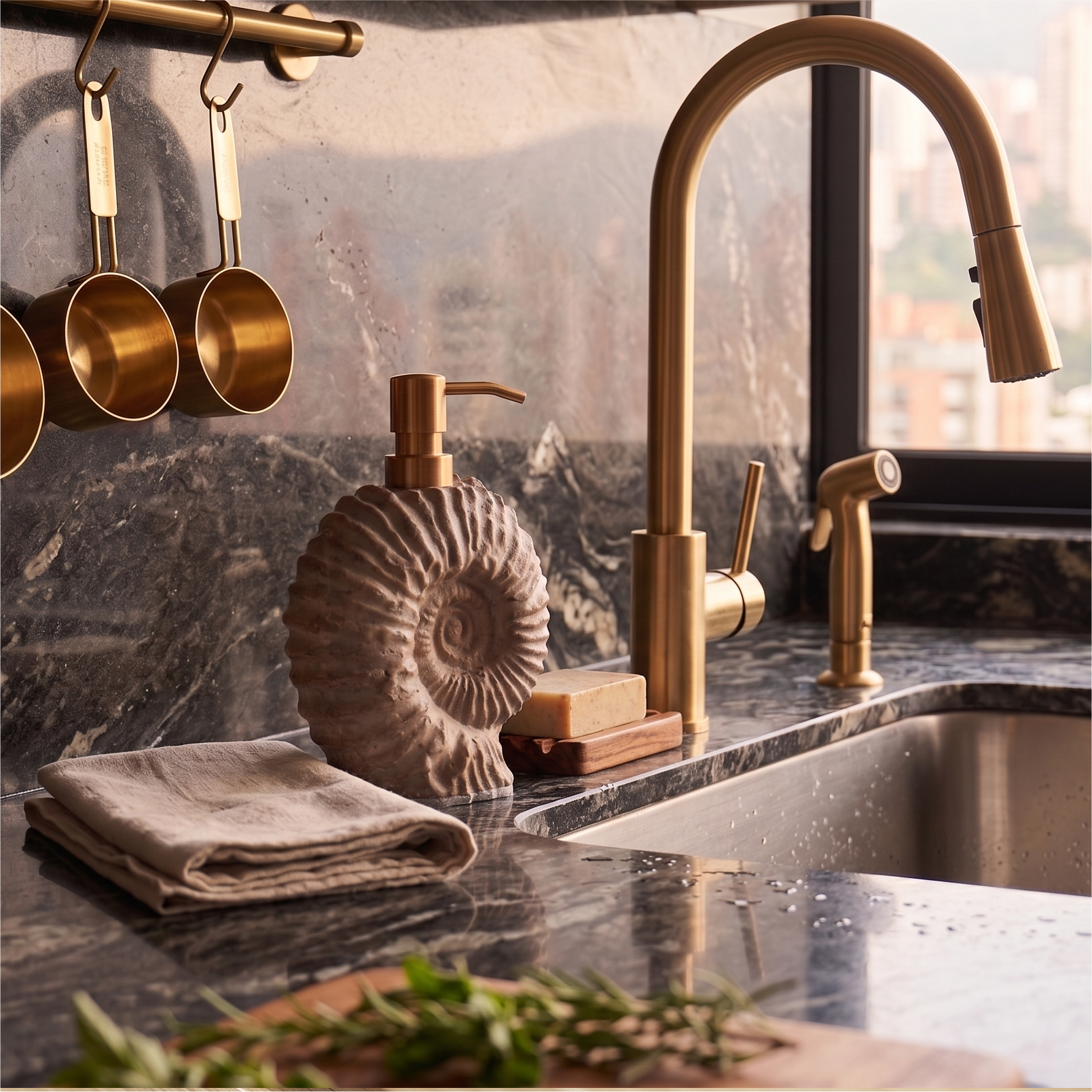 Aumëa Valley ammonite soap dispenser styled on a kitchen counter